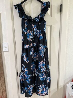 Entro Dark Navy Floral Ruffle Strap Tiered Midi Dress